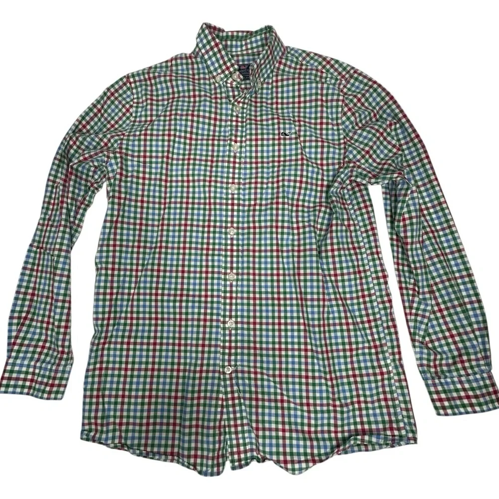 Boys Vineyard Vines Red Green Blue Plaid Whale Shirt XL